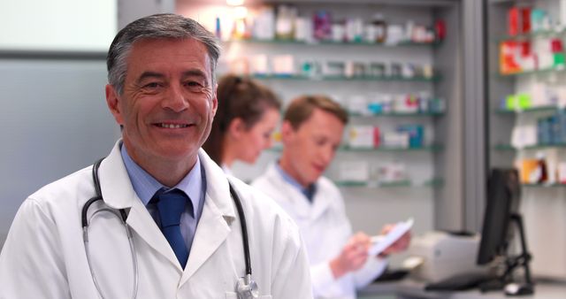 A middle-aged Caucasian male doctor smiles confidently in the foreground, with copy space. Behind him, a diverse team of healthcare professionals is busy at work in a pharmacy or medical office.