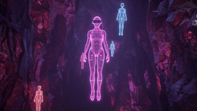 Neon holographic avatars floating in sci-fi cavern