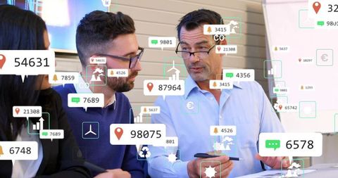 Business team discussing ar data overlays and collaborating on digital dashboards with smartphone