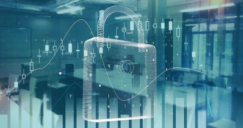 Digital security lock illustration overlaid on office background