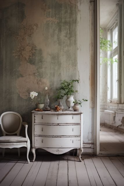 Antique style white chest of drawers in shabby chic room, created using generative ai technology. Bedroom furniture, design and interior decoration concept digitally generated image.