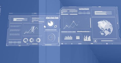 Digital Interface with Global Data Displays and Charts on Blue Background - Download Free Stock Images Pikwizard.com