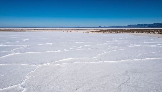 Salt flat with polygonal cracks stretching across arid playa and distant mountains