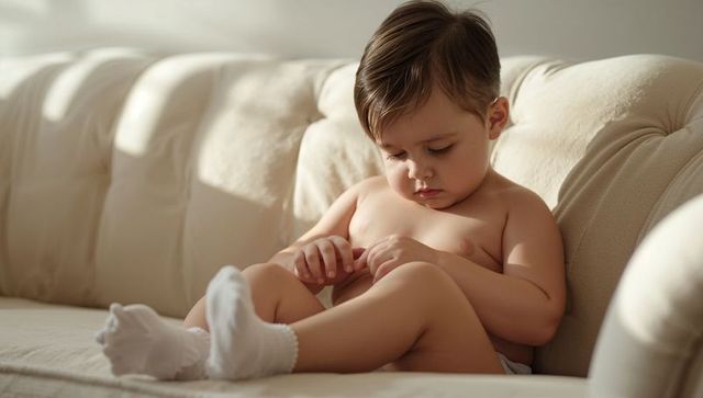 Curious toddler exploring fingers on sunlit tufted beige sofa in calm home moment