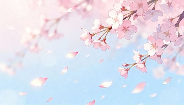 Pastel sakura blossoms drifting petals over soft blue sky for spring background