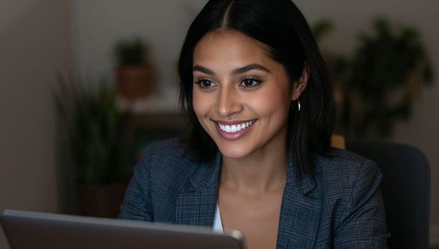 Smiling indian professional woman working on laptop at desk wearing grey checked blazer