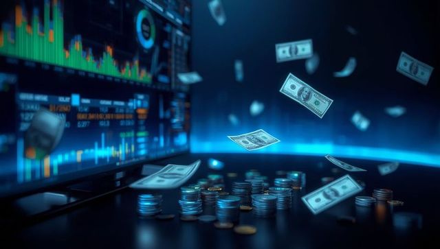 Economic Growth Concept shown by Floating Money with Stock Monitor Display