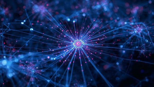 Radiant neural hub emitting neon data threads across digital network landscape