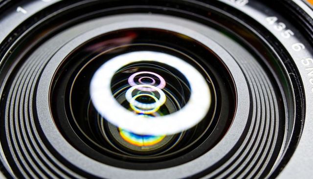 Macro close-up of camera lens showing concentric coatings and ring light reflections