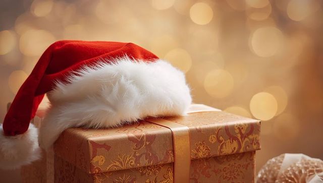 Luxurious Christmas gift box featuring Santa hat and satin bow against warm golden bokeh