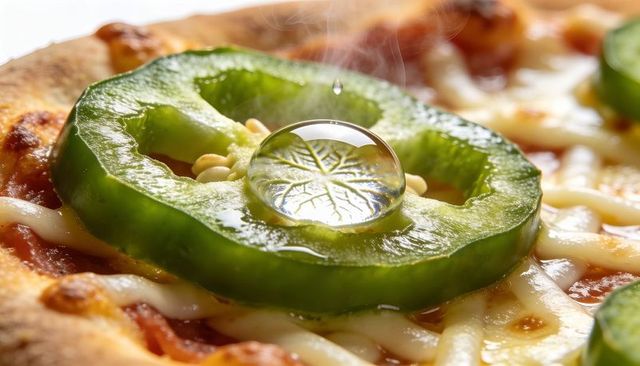 Macro droplet reflecting leaf pattern on jalapeno ring over melted mozzarella pizza