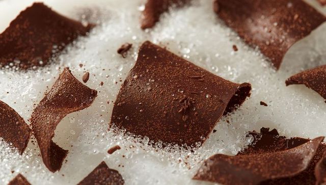 Macro dark chocolate curls on coarse sugar crystals with cocoa dust and water droplets