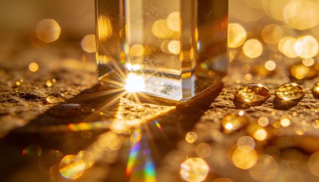 Crystal prism casting golden starburst and rainbow refractions on textured stone macro