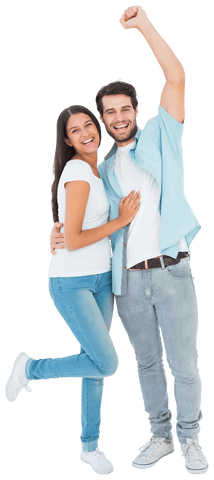 Transparent couple celebrating joyful moment in casual attire