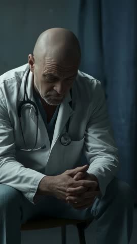 Bald Doctor Pausing and Reflecting After Long Shift Vertical Healthcare Video