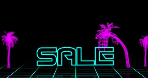 Neon Sale Text with Retro Tropical Background