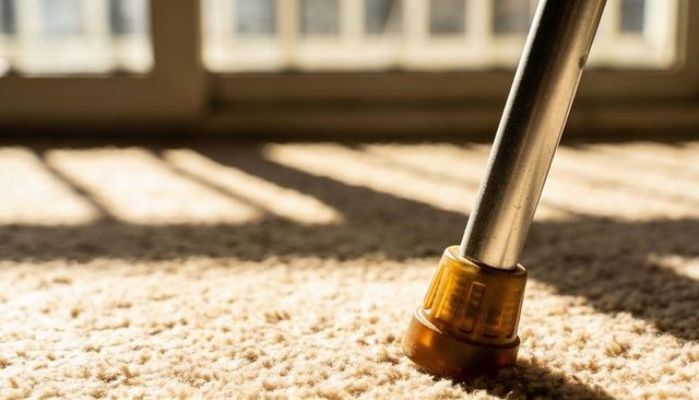 Metal cane leg resting on beige carpet casting sunlit shadow stripes with amber ferrule