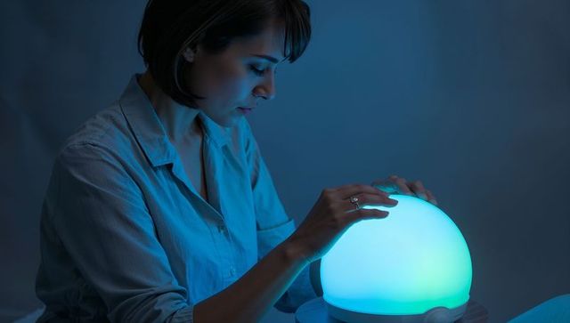 Woman adjusting color mood lamp in dim bedroom blue green ambient lighting, contemplative
