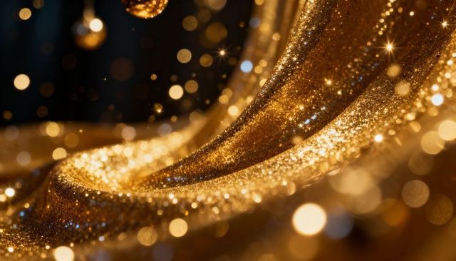 Shimmering gold glitter fabric draping with warm bokeh sparkle and luxury texture