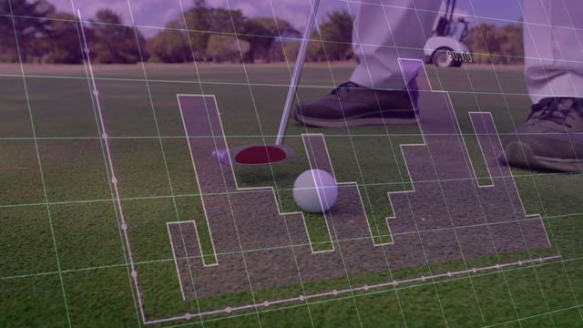 Visualizing integration of data analysis in sports, showing a golfer putting with digital graphs overlay. This is ideal for use in technology promotional materials, sports analytics articles, or digital marketing related to tech advancements in sports.