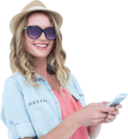 Laughing Woman in Hat Holding Smartphone on White Background