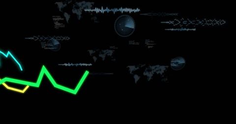 Neon Data Pulse Radar HUD with Glowing Zigzag Lines and World Map on Black Tech Background