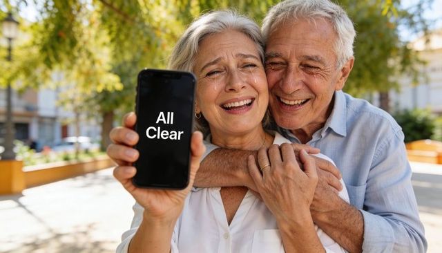 Senior couple celebrating health clearance with smartphone showing all clear in sunlit plaza