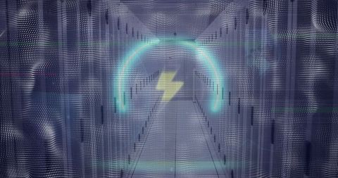 Futuristic neon lightning bolt in server corridor