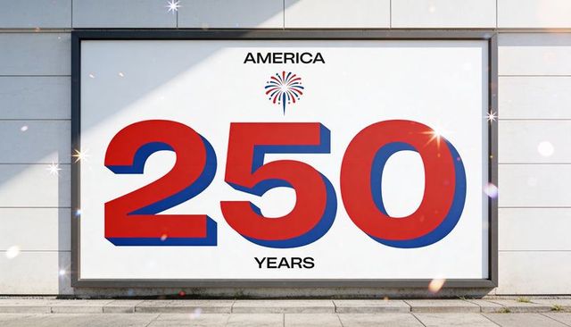 America 250 years celebration billboard with bold red 3d numerals and firework icon