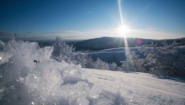 Glittering frost crystals catching low sun on snowy hillside with lens flare