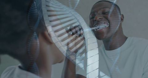 Father and daughter brushing teeth together smiling bonding morning routine with dna helix overlay