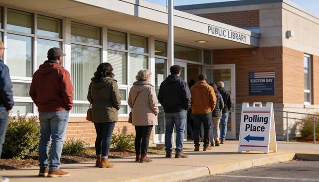 Voters waiting in line outside public library polling place on election day