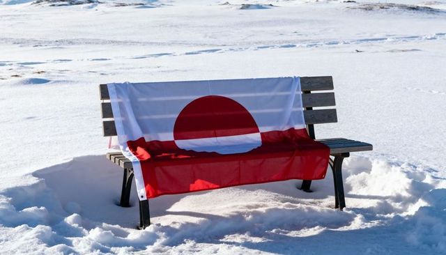 Greenland flag draping over wooden bench on snowy arctic plain conveying quiet solitude