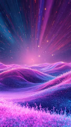 Vertical video: Golden orb gliding across neon dunes under rising cosmic beams