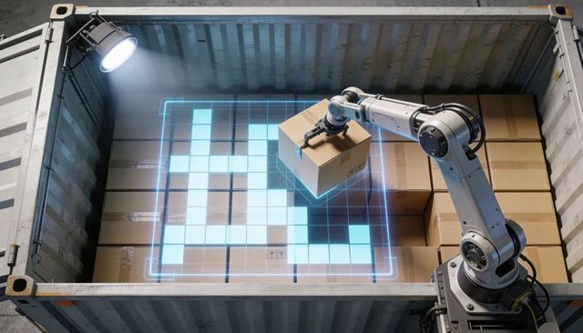 Robotic arm gripping box inside shipping container while holographic grid scanning cargo