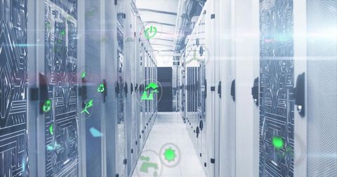 Futuristic Data Center Corridor with Green Energy Icons