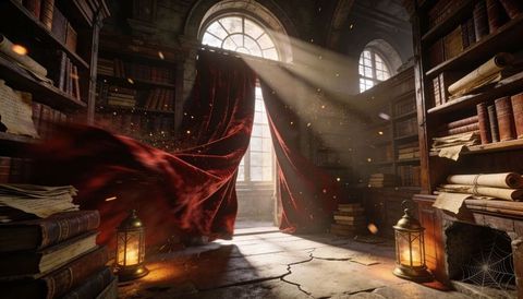 Billowing Red Velvet Curtain Revealing Sunlit Antique Library with Lanterns and Scrolls