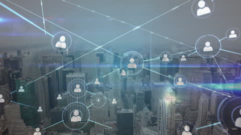 Futuristic City with Networked Connections Overlay