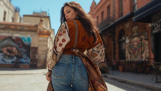 Boho Chic Street Style: Woman Posing Over Shoulder in Embroidered Vest and Denim