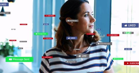 Businesswoman gazing through office window surrounded by floating social media notifications