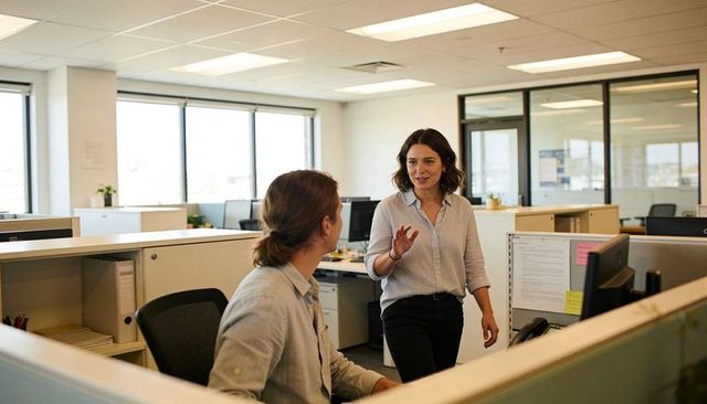 Female colleague gesturing while collaborating with coworker in modern open-plan office