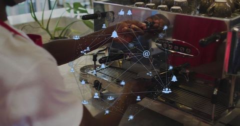 Barista intelligently operating espresso machine with icon overlays