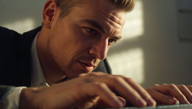 Focused businessman leaning on keyboard typing with intense concentration and warm light