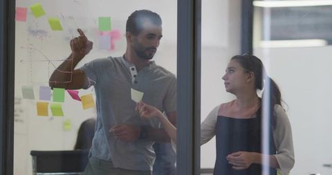 Two colleagues collaborating on glass wall with sticky notes and hand-drawn charts