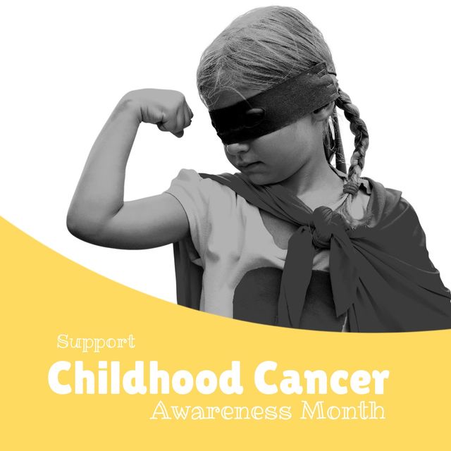 Caucasian girl with eye mask and cape flexing muscle, support childhood cancer awareness month text. Copy space, digital composite, raise support, funding and awareness, childhood cancer.