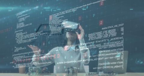 Woman using vr headset with coding background