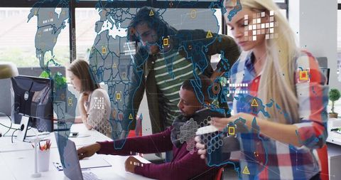 Team Collaborating on Global Data Visualization Overlay in Bright Open Office