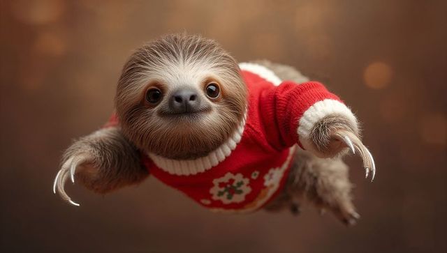 Adorable baby sloth wearing red knit festive sweater reaching forward with claws, bokeh