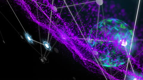 Abstract Purple Particles with Connected Dots and Glowing Globe