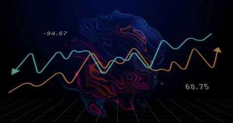 Neon 3D Contour Brainlike Form with Glowing Data Lines Rising and Falling on Grid